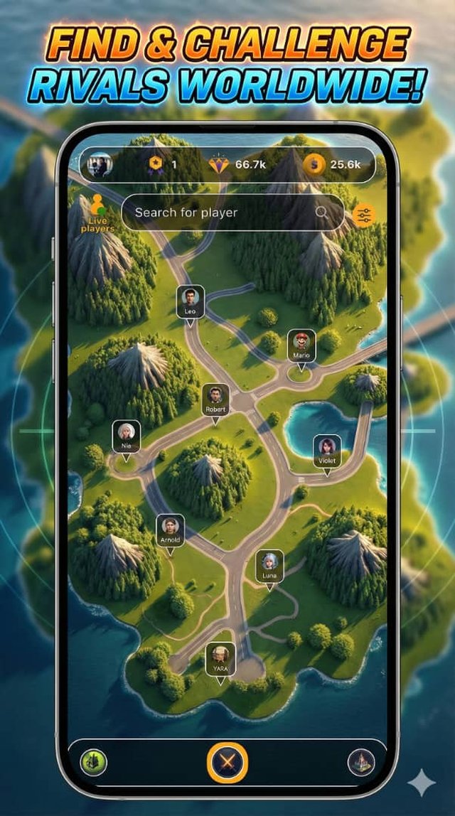 Call of Anime screenshot: find and challenge rivals worldwide on the player map
