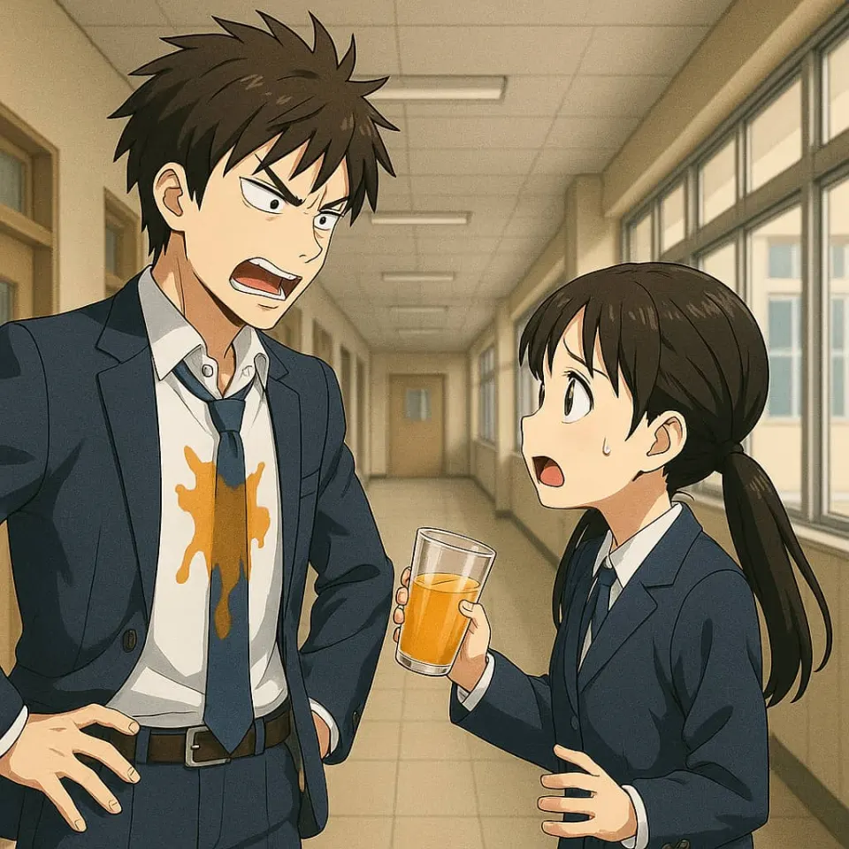 Kayo, his shirt stained with orange juice, shouts at a girl holding a glass in the school hallway