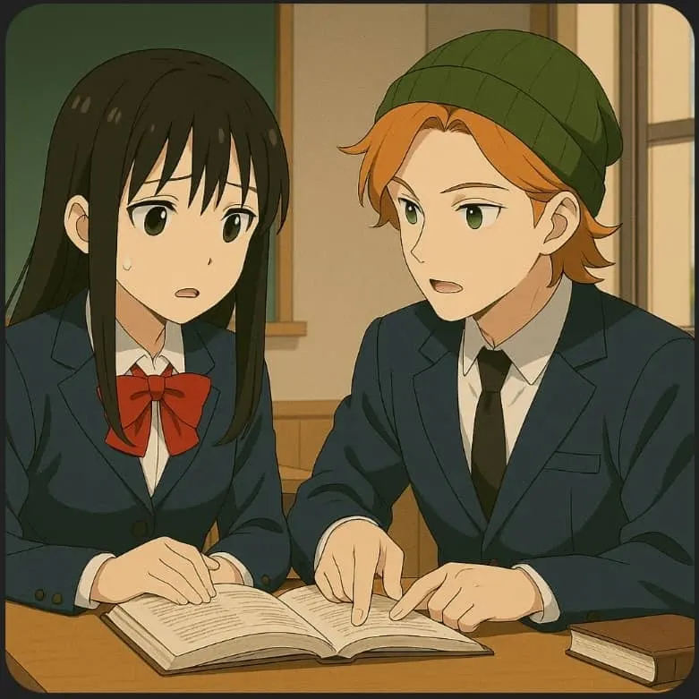 Sui explains the lesson to Mary over an open textbook