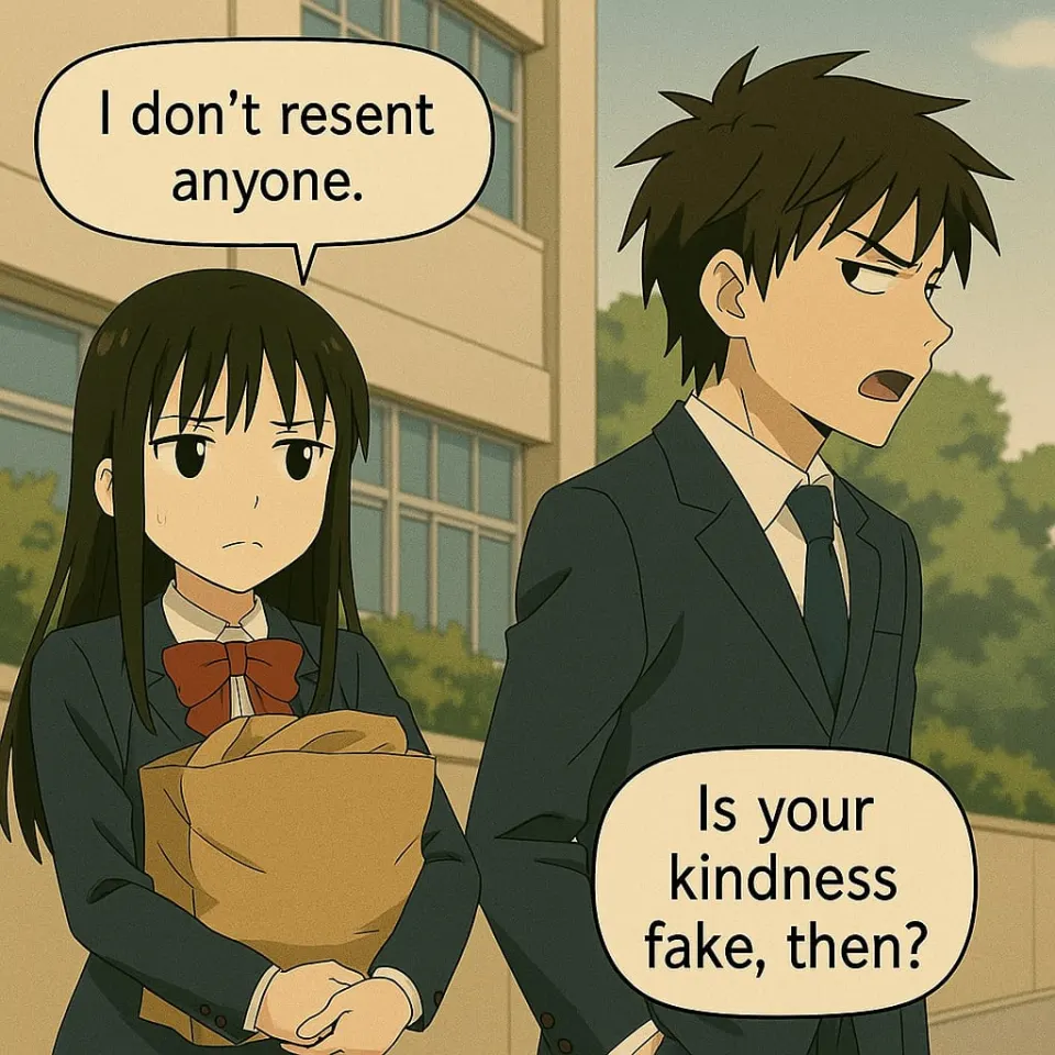 Mary carries Kayo's bag. She says she doesn't resent anyone; he asks if her kindness is fake