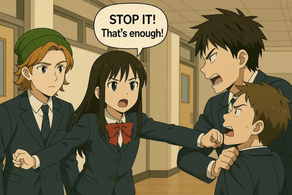 Mary shouts 'Stop it! That's enough!' between Kayo, Sui and another student