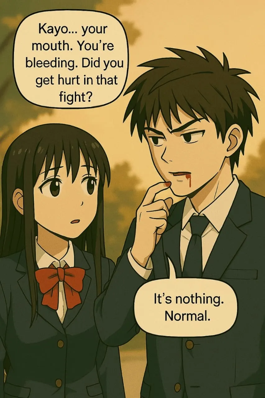 Mary notices Kayo's mouth is bleeding; he says it's nothing