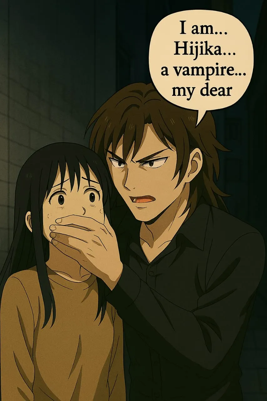 Hijika covers Mary's mouth and reveals that he is a vampire