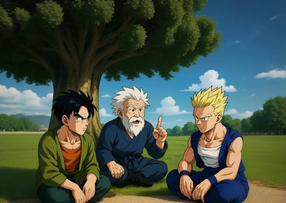 Eden and Rond sit under a tree listening to an old teacher