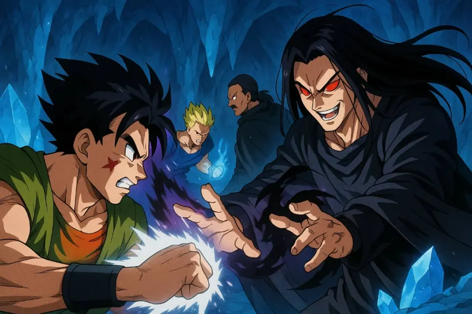Rond charges a dark figure with blue energy in his fist